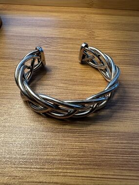 Braided Open Cuff Bracelet - Silver Tone